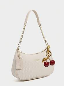 2025新款时尚经典百搭字母图案纯色PU皮革新月形单肩/腋下包，Y2K风格单肩/腋下包，适合购物，可斜挎 - 白色 - 查看 3