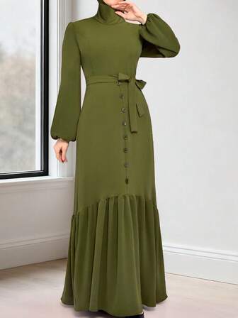 Women's Long Sleeve Trumpet Pleated Middle Eastern Muslim Dress, Elegant Loose Long Middle Eastern Party Banquet Dress
