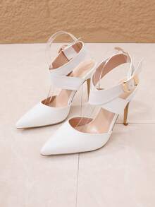 女士尖头细高跟露跟时尚香槟色/黑色/白色性感高跟鞋，带踝带，女士鞋