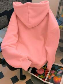 Sudadera con capucha gruesa para mujer Unitalla  con estampado , de estilo casual y sencillo, adecuada para otoño/invierno - Rosa - Ver 2
