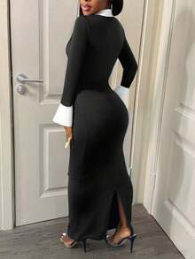 Women's Elegant Bodycon 2 In 1 Collared Patchwork Dress - Black - View 8