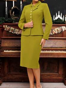 NOU 女士纯色系带套装 - 长袖，优雅简约风格，适合秋冬季节，配金属纽扣，是情人节和新年的理想之选，打造时尚商务休闲造型 - 橄欖綠 - 查看 4