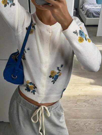 Cardigan ample décontracté à imprimé floral pour femmes, style simple et polyvalent, pull tricoté à manches longues, convient pour le printemps, l'automne et l'hiver