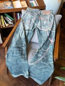 Spring And Autumn Fashion Versatile Candy Chain Printed Unisex Curved Knife Jeans Pants - 藍色 - 查看 2