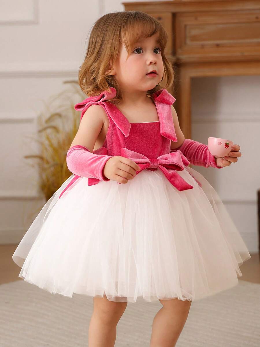 Rochie elegantă de petrecere pentru fetițe, din catifea fuchsia, cu plasă albă în contrast, rochie de prințesă, potrivită pentru petrecerea de prima aniversare, ținută de nuntă pentru fetițe cu flori - Roz fierbinte - Vizualizare 1