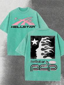 Worn-Out Washed Men's Short-Sleeved Shirt, Featuring A Pink Meteor Flame Human Face Silhouette Pattern In Letters On A Double-Sided Print, Retro Casual Loose Men's T-Shirt, Comfortable And Versatile Men's Clothing - 綠寶石 - 查看 1