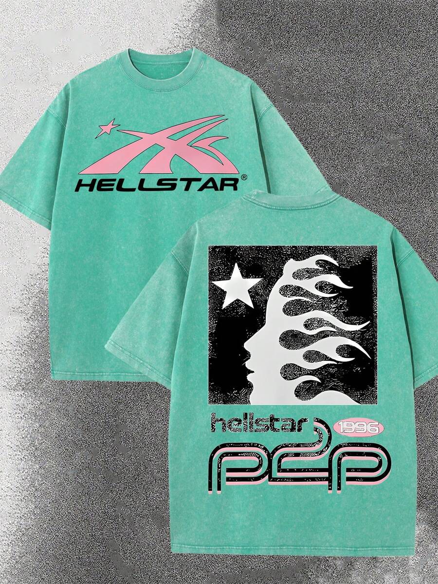 Worn-Out Washed Men's Short-Sleeved Shirt, Featuring A Pink Meteor Flame Human Face Silhouette Pattern In Letters On A Double-Sided Print, Retro Casual Loose Men's T-Shirt, Comfortable And Versatile Men's Clothing - 綠寶石 - 查看 1