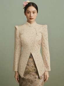 Women's Stand Collar Asymmetrical Design, Elegant 3D Floral Pattern Dignified Blouse