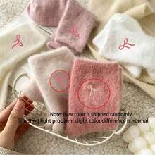 5 Pairs Of Women's Plush Bow Mid-Calf Socks Winter Fleece-Lined Thick Warm Sleep Socks Pink Set