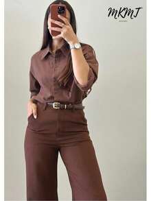 MKMT Women's Wide Leg Pants With Belt Simple Elegant Party Zipper Button Pocket - Rust Brown - View 2