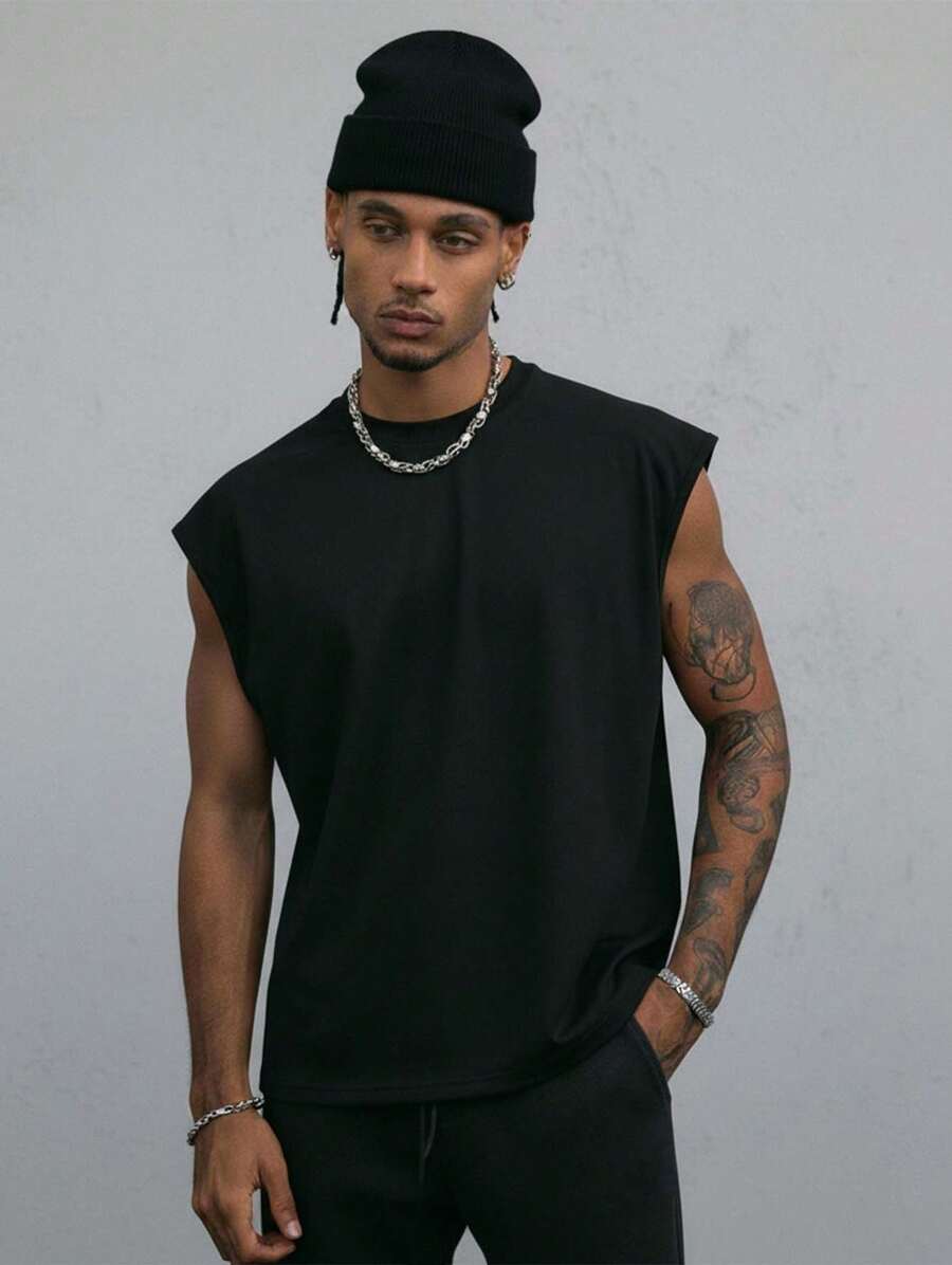 Men's Oversized Tank Top 100% Cotton Plain Basic Oversized Blouse Sleeveless T-Shirt Streetwear Cool - 黑色 - 查看 1