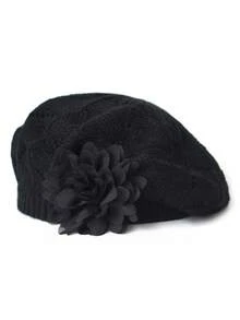 1pc Women's Casual Knitted Beret Hat With Large Floral Decor, Fashionable & Versatile Solid Color - Multicolor - View 24