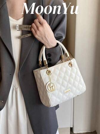 大容量女士单肩包，带有刺绣菱形图案，奢华优雅的白色女士手提包，可斜跨携带，商务休闲女包，非常适合办公室、商务和工作，商务休闲女包非常适合办公室、商务和工作