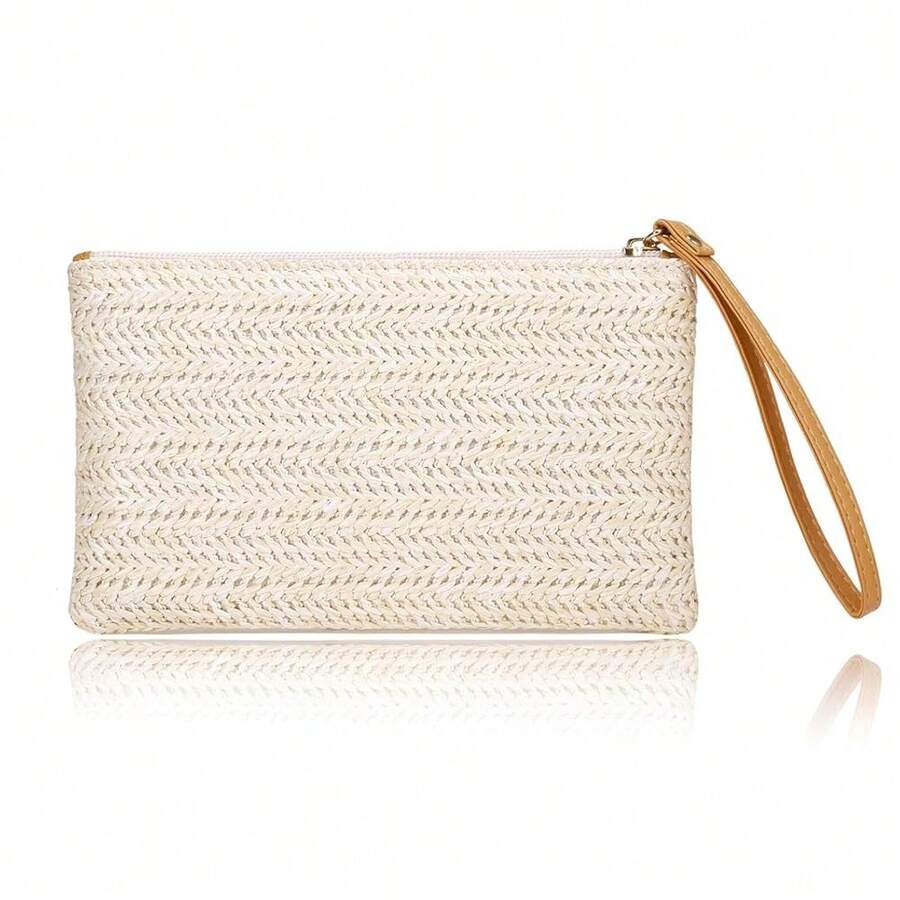 COOKOOKY Womens Straw Clutch Bag Bohemian Summer Beach Straw Purse Zipper Wristlet Wallets For Women{"Color_name":"Beige-White"}