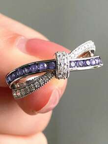 1pc Women's Fashion Criss-Cross Purple Closed Ring, Romantic Bow-Knot Jewelry Ring Suitable For Daily Wear And Weddings