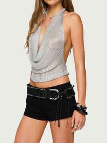 Women Y2K Knit Cowl Neck Backless Top Deep V Neck Tie-Up Open Back Halter Crop Top Party Club Cami Vest Shirt - 銀色 - 查看 3