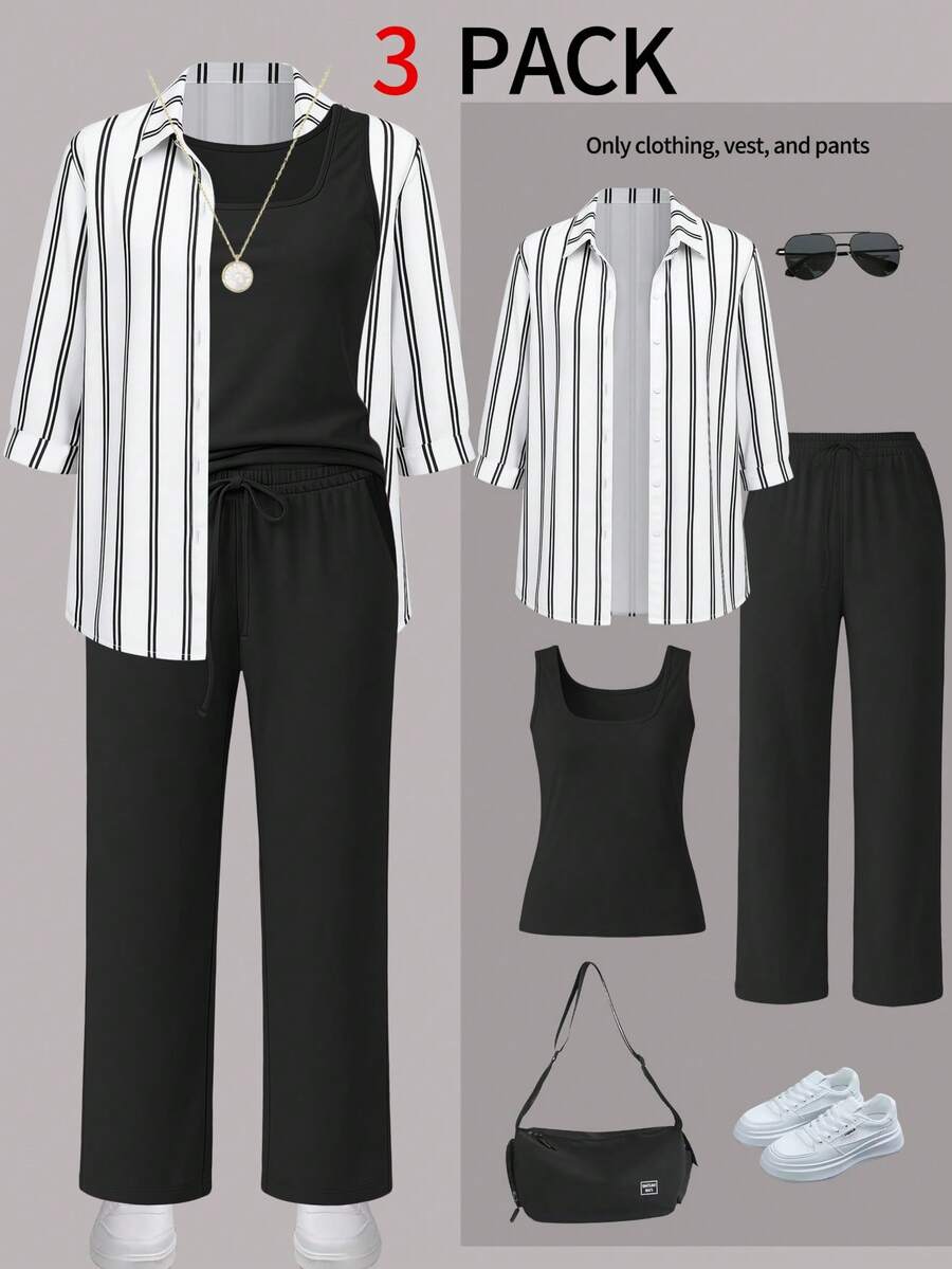 女士三件套休闲套装：条纹衬衫夹克、无袖方领上衣和松紧腰阔腿裤，适合通勤，秋冬 - 黑色 - 查看 1