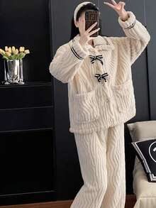 New Fall/Winter Women's Flannel Pajamas, Thick Coral Fleece Plus Velvet, Sweet Princess Style, Warm, Long Sleeves, Perfect For Christmas