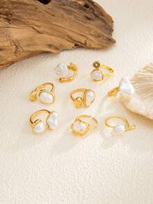 5件套复洛克风格仿珍珠不对称镂空珍珠叠戴戒指套装，优雅时尚女士首饰 - 金黃色 - 查看 7