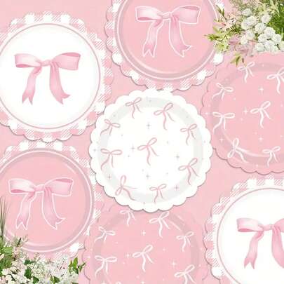 أدوات المائدة الورقية القابلة للتخلص منها ذات موضوع الفيونكة الوردية، 8 قطع أطباق ورقية وردية قطر 7 بوصة و9 بوصة للاستخدام مرة واحدة، 16 قطعة من المناديل ذات شكل الفيونكة مناسبة لحفلات الموضوع الوردي، ديكور الحفلات، ديكور عيد الميلاد، هدايا عيد الميلاد، ديكور المطبخ، ديكور كشف نوع الجنين، ديكور استحمام الطفل، أنشطة عائلية في المناسبات، مجموعة لوازم ديكور الحفلات