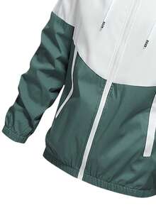 2 pezzi Set sportivo da uomo con colori a contrasto, giacca con cappuccio e coulisse, pantaloni in vita elastica, adatto per attività all'aperto come campeggio, pesca, ciclismo, primavera/autunno