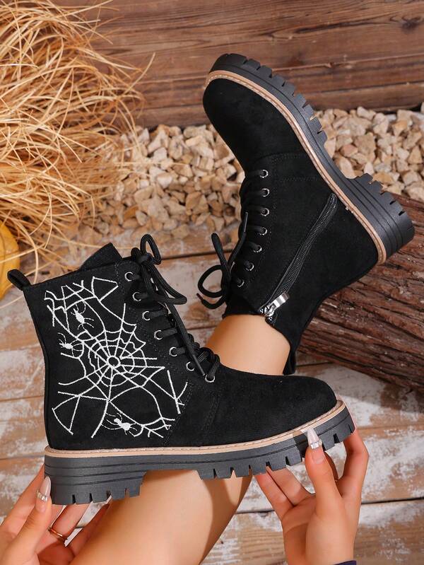Women's Gothic Floral Ankle Boots - Thick Sole Chunky Heel, Floral Embroidery Side Zipper Design, All-Season Black Boots Suitable For Casual And Formal Occasions - Easy On/Off Round Toe Shoes