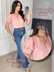 Women's Blouse With Luxury Embroidered Sleeves Christian Fashion Social Elegant Casual Buttons On The Front - Màu hồng gỉ - Xem 3
