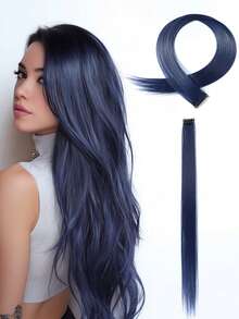 彩色接髮 22 英寸直髮彩色夾式接髮彩虹派對亮點女孩合成假髮 - 藏蓝色 - 查看 7