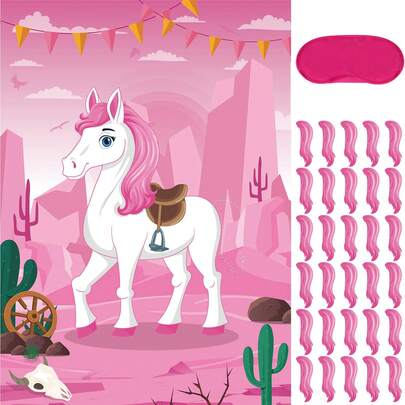 一套“给马贴尾巴”游戏，含30个尾巴，大型粉色西部马游戏海报，适合女孩儿童西部主题生日派对嘉年华派对用品，粉色西部马最后一场牛仔竞技海报，迪斯科狂野西部主题女孩生日派对活动装饰用品