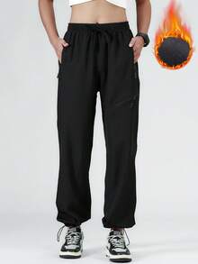 Calça de Trilha Impermeável e à Prova de Vento para Mulheres - Calça Cargo de Softshell Térmica Grossa com Bolsos com Zíper, Punhos com Cordão Ajustável, Jogger de Inverno Quente e Confortável para Uso Diário, Corrida, Escalada ao Ar Livre, Trekking, Camping e Descanso em Casa