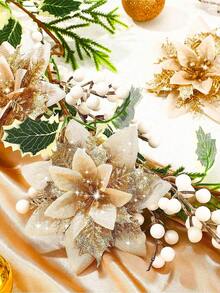 3/5/10/20PCS Glitter Artificial Christmas Flowers, Christmas Tree Decorations, Christmas Tree Wreath Diy Decorations, Including Gold, Red, Silver, Poinsettia Christmas Tree Decorations, Artificial Christmas Flowers, Home Decor, Holiday Party Decorations, Christmas Decorations, Room Decor, Winter Party Atmosphere Decoration.