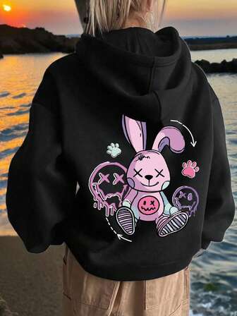 Teen Girl Cute Rabbit Footprint Pattern Casual Hooded Sports Shirt, Suitable For Wearing In Spring And Autumn, Suitable For Students To Wear When Shopping, Traveling Or Attending Parties.