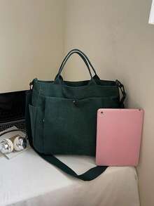 1pc Autumn/Winter Corduroy Multi-Pocket Tote Bag, Solid Color Durable Large Capacity Casual Bag, Unisex Outdoor Organizer Shopping Handbag For Work Office