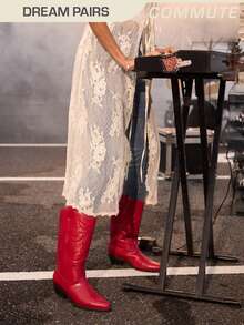 Women's Cowgirl Cowboy Western Boots Embroidery Fashionable Chunky Pull On For Festival Music Concert Mid Calf  Red Boots - 紅色 - 查看 5