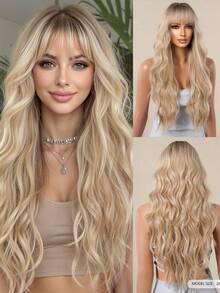 Parrucca lunga e riccia da donna in oro, finitura opaca, capelli sintetici ad alta densità, berretto a rete rosa per raduni quotidiani, Natale, matrimoni - Dorato - Visualizzare 2