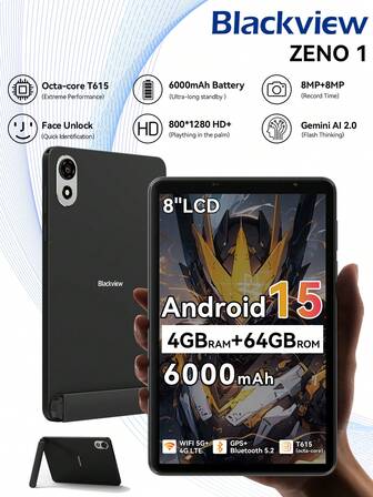 Blackview Tableta ZENO de 1,8 pulgadas con ranura para tarjeta SIM, tableta celular Android 15 Gaming con soporte desmontable, 4GB+64GB, tabletas de 8 pulgadas con doble SIM 4G LTE y 5G WiFi, pantalla HD de 90Hz, Widevine L1, GPS
