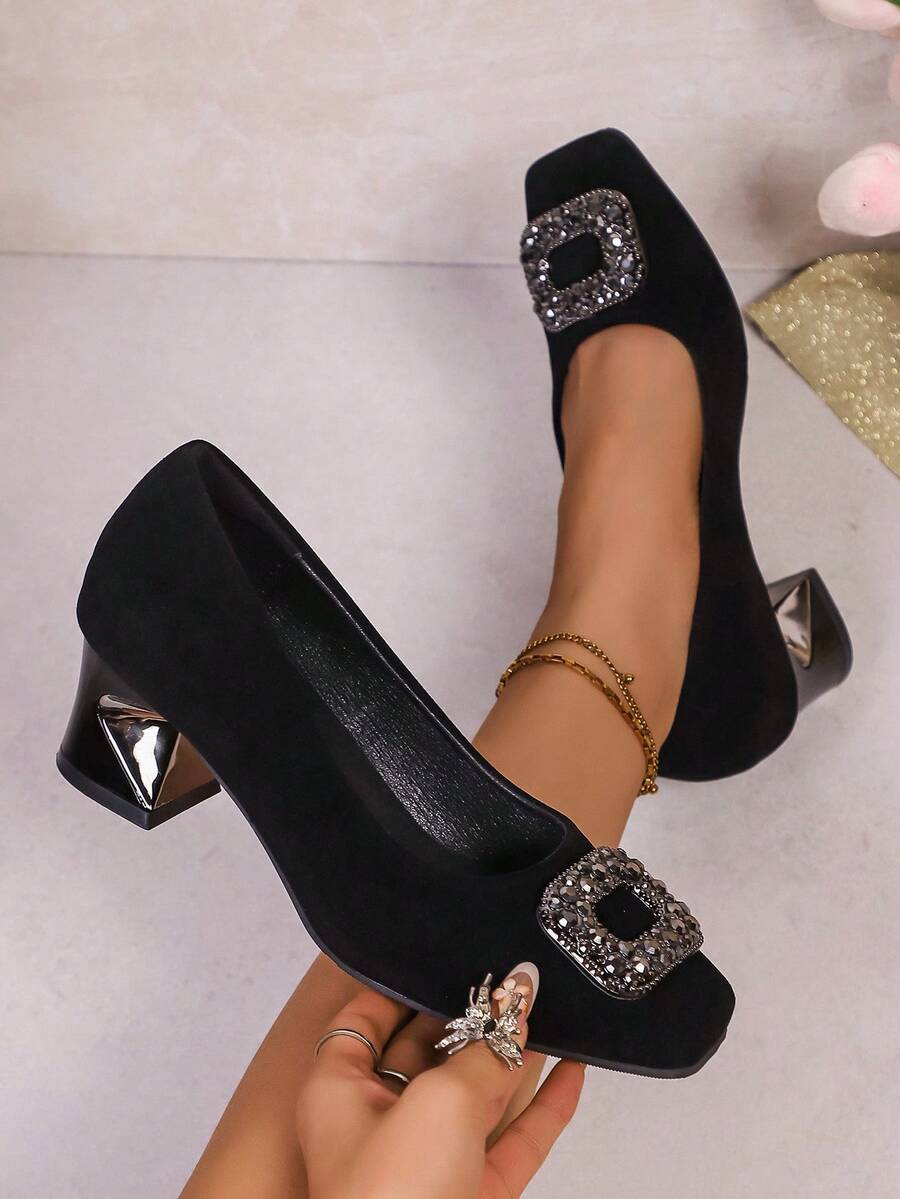 2025 New Spring/Autumn Women's Mid-Heel Pumps, Rhinestone Buckle French Square Toe Thick Heel Shoes - Black - View 1