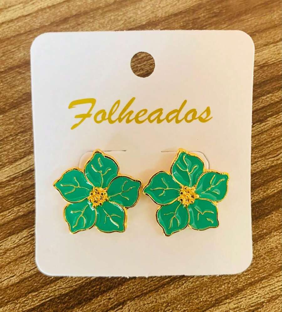 Enameled 5-Petal Flower Earring - 水綠色 - 查看 1