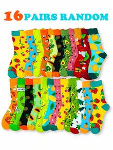 6/10/12/16 Pairs Assorted Fruit Pattern Mid-Calf Socks, Comfortable Soft Polyester Blend, Suitable For Daily Casual Outdoor Wear, Great Gift For Family, Friends And Colleagues, Unisex, Autumn/Winter