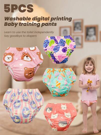 5pcs Baby Reusable Printed Potty Training Pants, Boys & Girls Infant Toilet Training Underwear, Washable