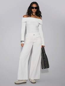 TypaGal Fall Autumn Winter Casual Sporty Sexy Chic Modern Going Out Elegant White Knitted Off-Shoulder Tight Fit Women Christmas New Year Warm T-Shirt - White - View 4