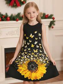 Girls' Casual Elegant 3D Sunflower & Butterfly Print Sleeveless Cute Dress, Suitable For Everyday, Vacation, Party, Graduation, Back To School, Christmas