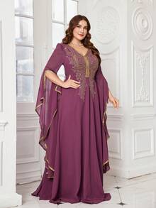 UNITHORSE Women V-Neck Sequin Patchwork Chiffon Extra Long Sleeve Fitted Maxi Evening Dress - Red Violet - View 6