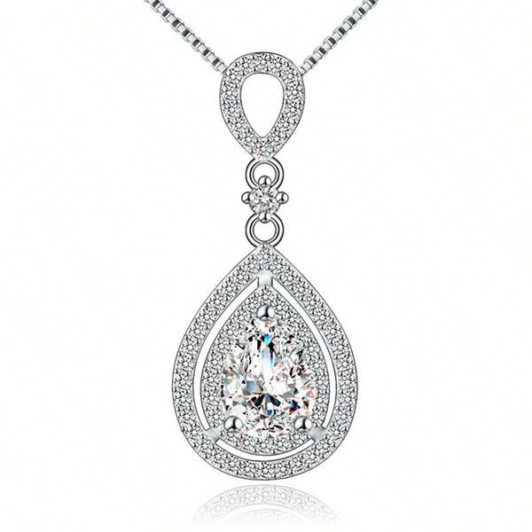 S925 Quality Teardrop Zirconia Pendant Necklace, Elegant & Luxurious, Fashionable Design, Classic Style, Perfect Gift For Her, Birthday, Anniversary, Mother's Day, New Year, Daily Wear, Party, Travel, Wedding