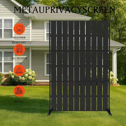 Metal Privacy Screen 72" H X 47" W, Outdoor Privacy Screens And Panels, Freestanding Decorative Fence For Patio Lawn Garden Deck Balcony, Outdoor Divider With Stand