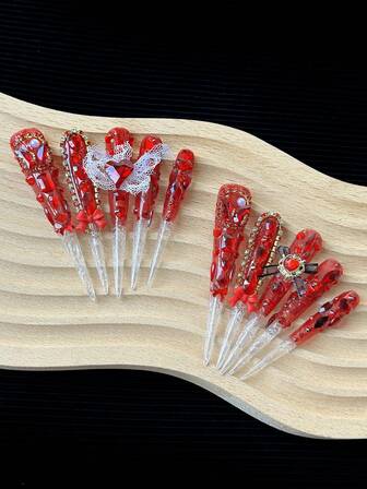 78mm Extra-Long Stiletto Nails French-Style Handmade Press-On Nails With Rhinestones, Bows, Lace & Chain Accents, Ombre Hand-Painted Halloween-Themed Creative 3D Patterns & Artistic Designs - Full Cover DIY Glitter Artificial Nails For Dates, Parties, Gatherings, Outings, Work & Special Occasions - 10 Pieces/Bag