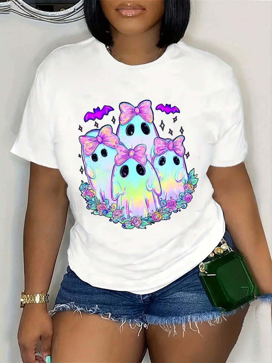 Women's Halloween Theme Print, Crew Neck, Casual Short Sleeve Top, Comfortable Fit, Perfect For All Seasons, Perfect For Family And Friends, Perfect For Halloween, Thanksgiving, Christmas, Birthdays, Holidays, Beach Vacations, And Family Gatherings.