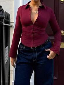 Womens Button Down Shirts Long Sleeve Stripes Print/Solid Color Slim Fit Tops Work Blouse - Burgundy - View 6