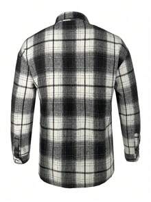 Chaqueta casual de hombre de franela a cuadros de manga larga, chaqueta gruesa y cálida adecuada para el trayecto diario, versátil para otoño/invierno - Blanco y Negro - Ver 4
