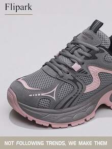 Flipark 1 Pair Women's Sporty Breathable Chunky Sneakers, Lace-Up Pink & Gray Contrast Mesh Lightweight Low-Top Casual Athletic Shoes